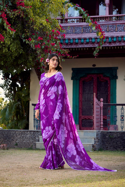 Elegant Floral Printed Purple Chiffon Saree with Pearl Lace Border and Matching Blouse