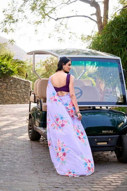 Weightless Marbal Floral Printed Lavender Saree with Pearl Lace Border