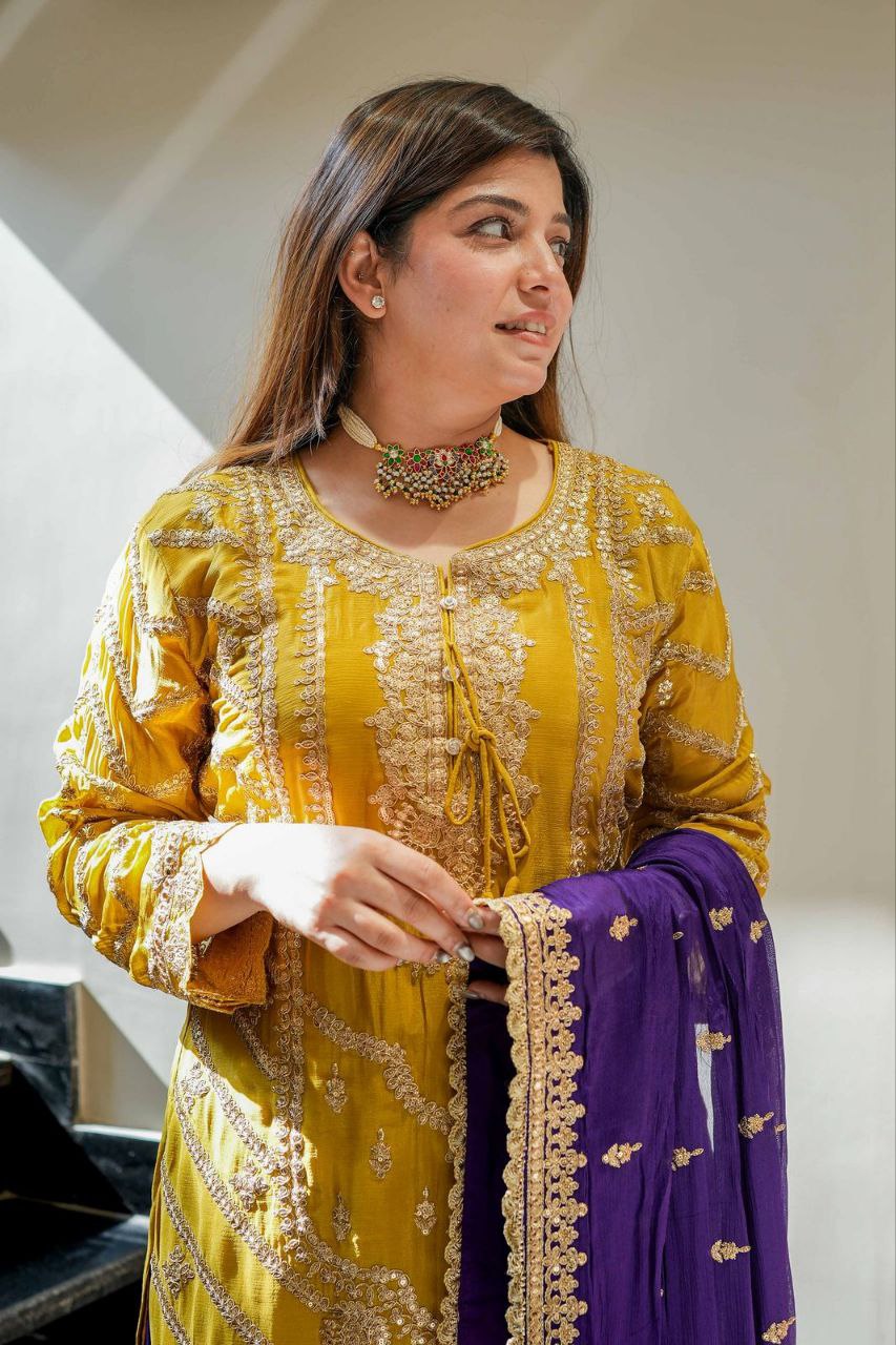 Heavy Yellow Chinon Silk Sharara Suit with Embroidery and Printed Dupatta