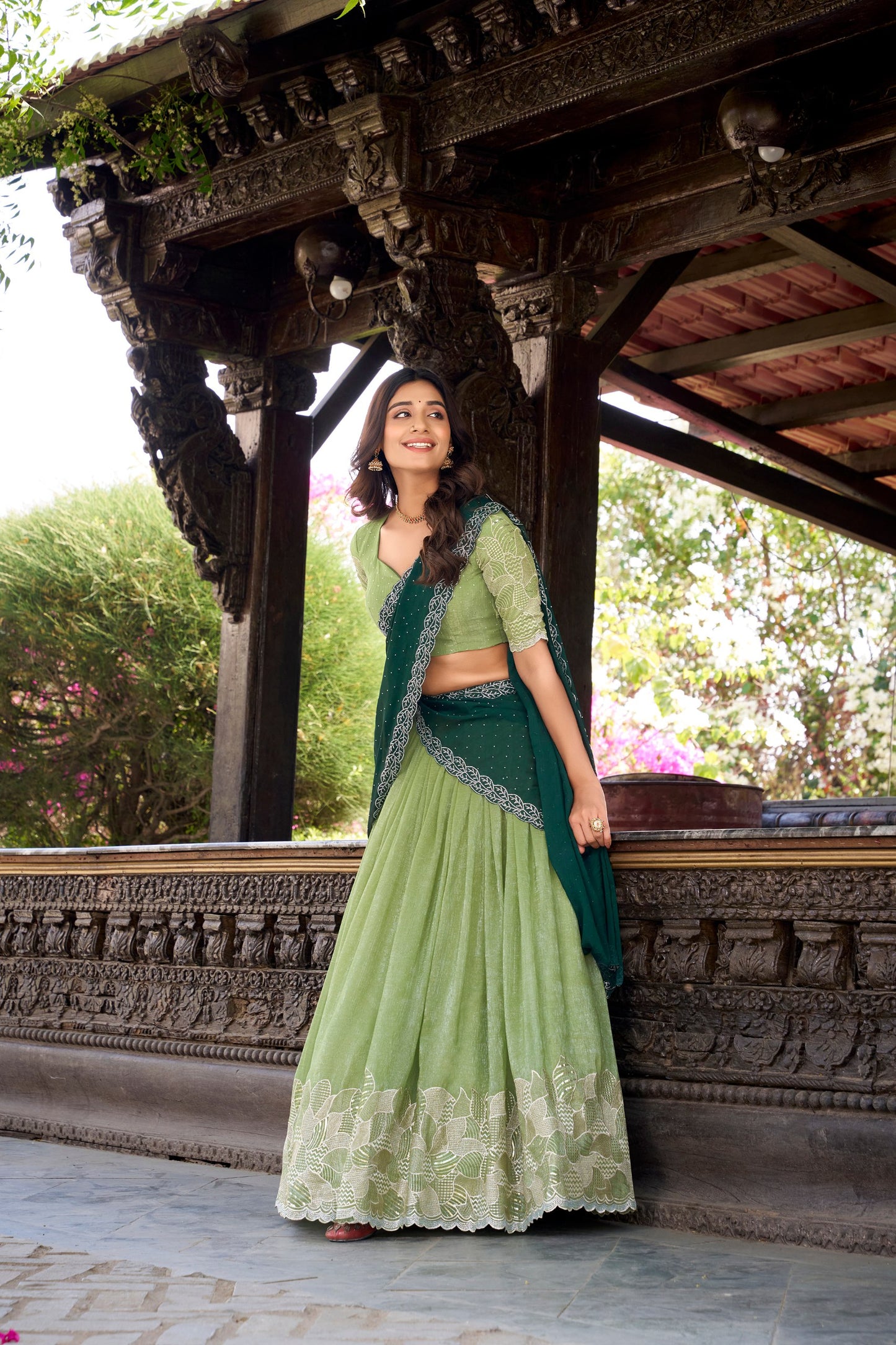Silver Glosy Embroidered Pista Green Lehenga Set with Hotfix Rangoli Silk Dupatta