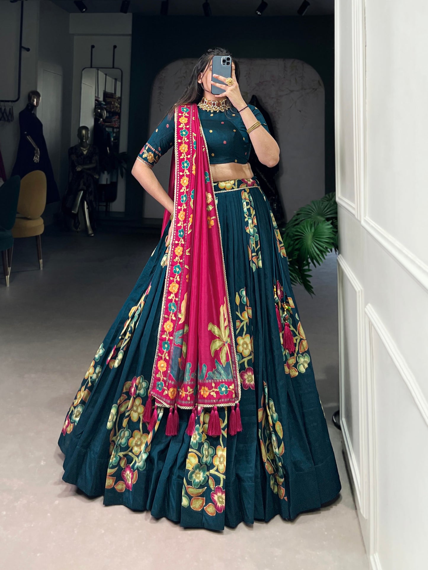 Peacock Blue Tussar Silk Printed Lehenga Set with Foil Work and Gotta Patti Dupatta
