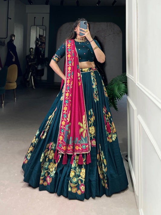 Peacock Blue Tussar Silk Printed Lehenga Set with Foil Work and Gotta Patti Dupatta