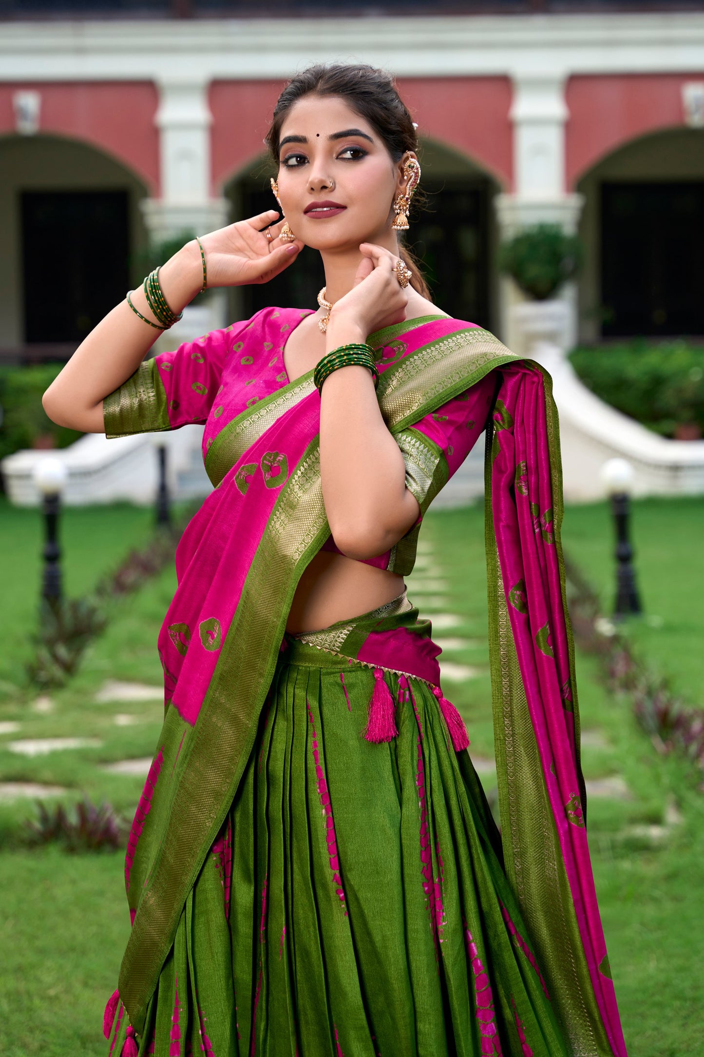 Super Pink Color Dola Silk Shibori Print Zari Weaving Lehenga Choli