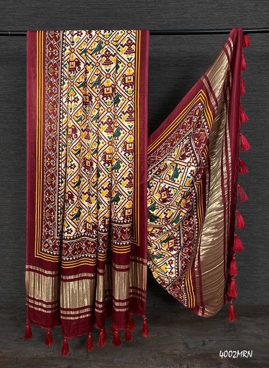 Pure Gaji Silk Patola Printed Cream And Brown Colour Dupatta with Tassels