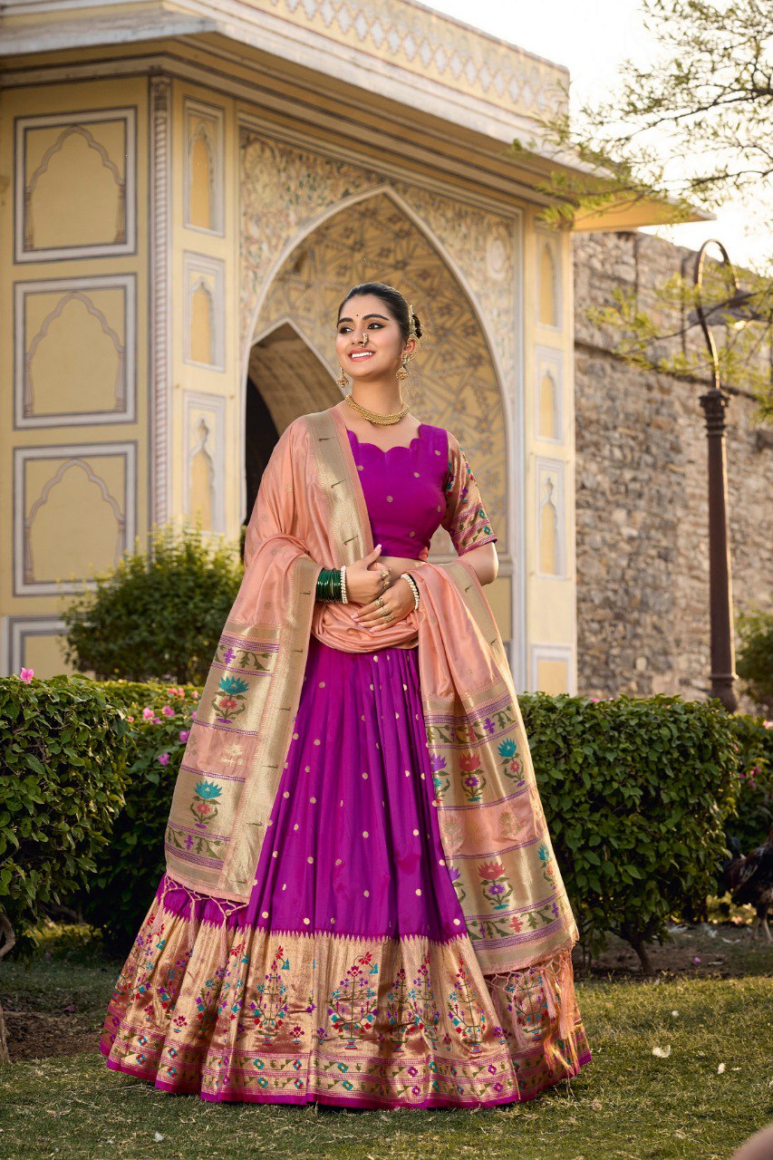 Purple Zari Woven Jacquard Silk Lehenga Set With Purse