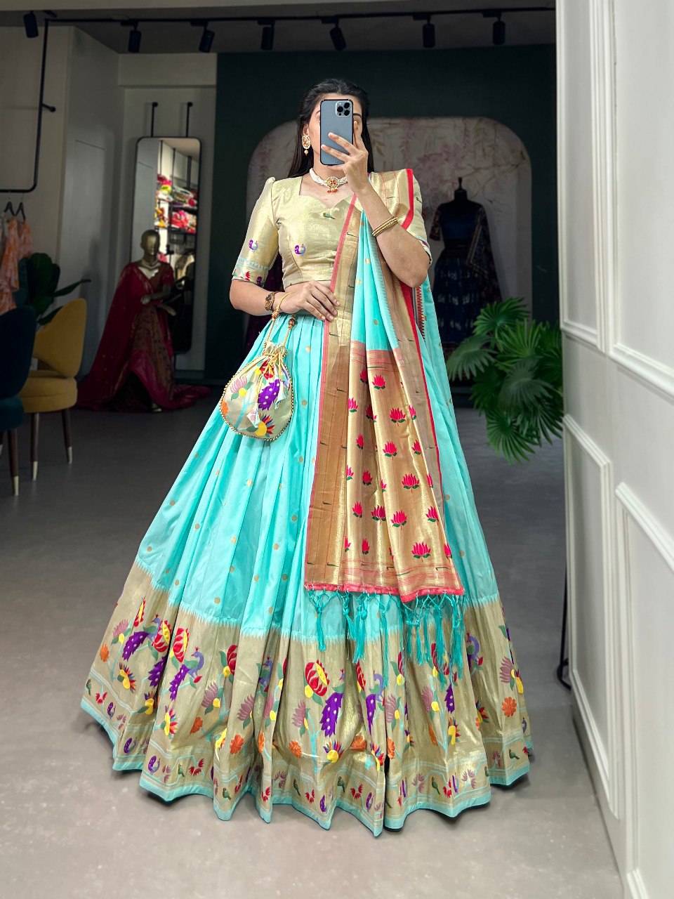 Sky Blue Color Zari Weaving Work Paithani Special Jacquard Silk Lehenga Choli Set