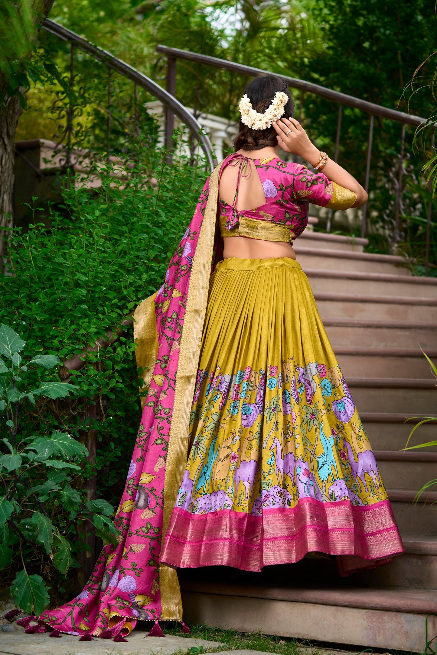 Mustard Yellow Kalamkari Dola Silk Lehenga Choli Set with Zari Borders