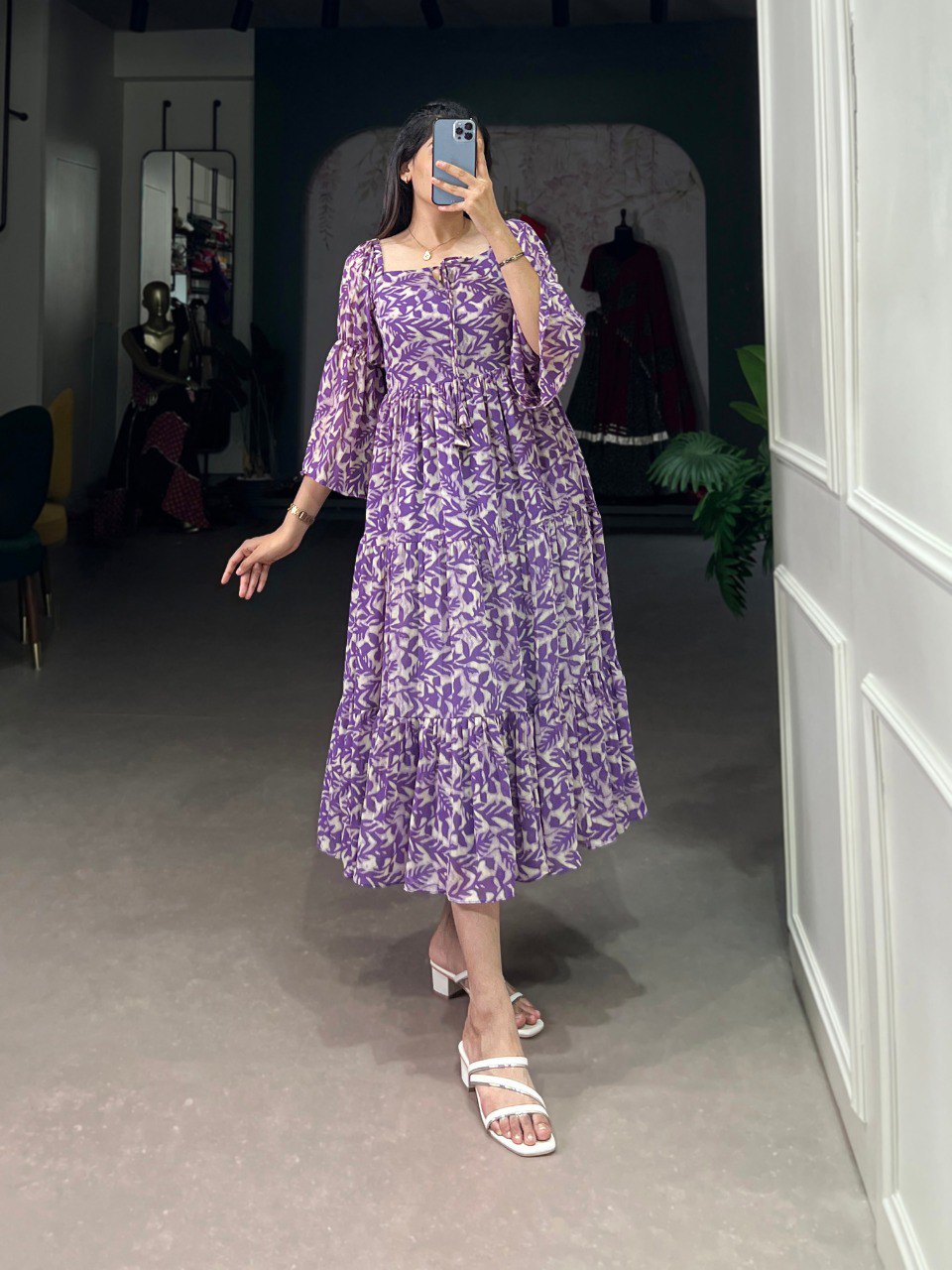 Leaf Print Tiered Boho Lavender Midi Dress with Bell Sleeves