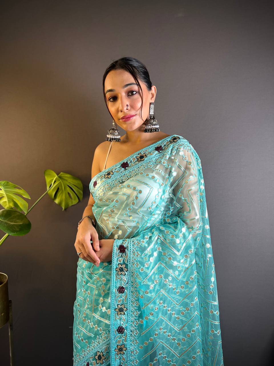 Sky Blue Net Embellished Saree With Unstitched Blouse