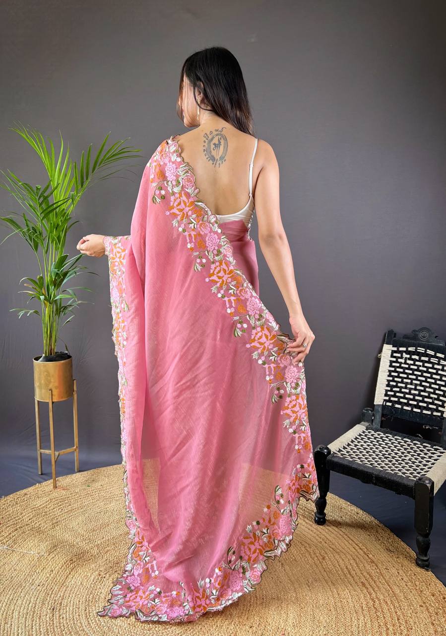 Designer Cross Stitch Floral Embroidery Cut Work Border Pink Glossy Silk Saree With Blouse