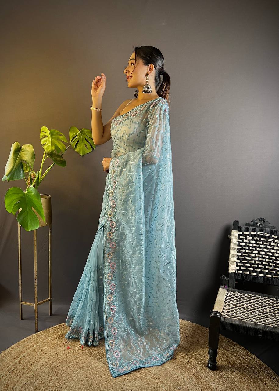 Grey Tissue Silk Embellished Saree With Unstitched Blouse