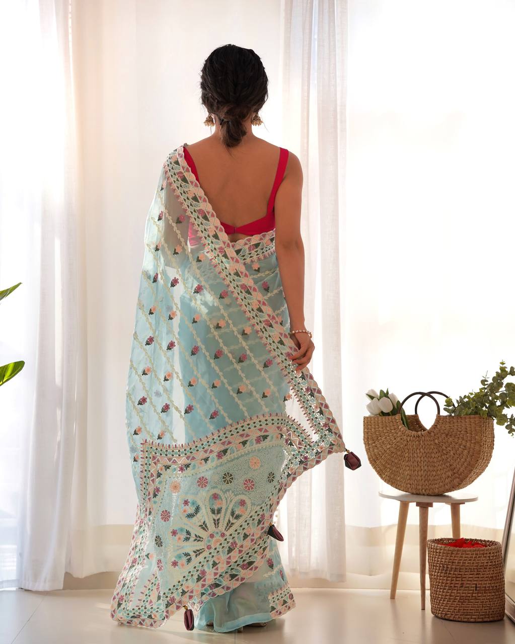 Sky Blue Emroidery Worked Organza Silk Saree