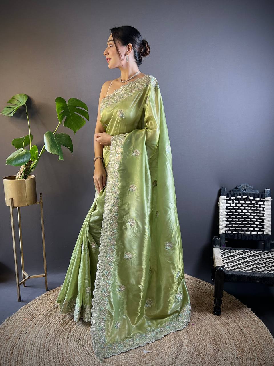 Iguana Green Embroidered Work Soft Silk Saree