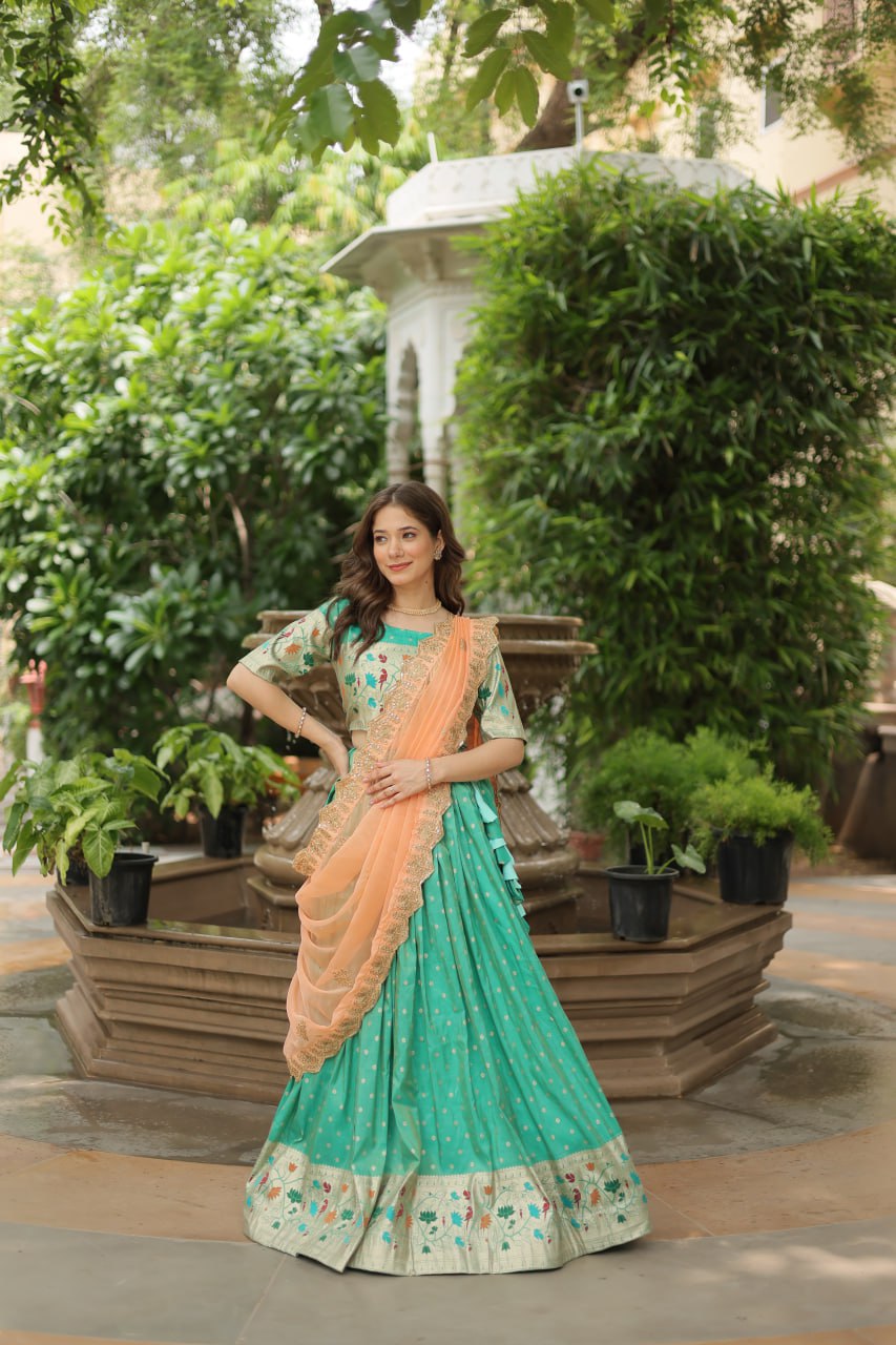 Meena Jacquard Pista Green Designer Lehenga Choli