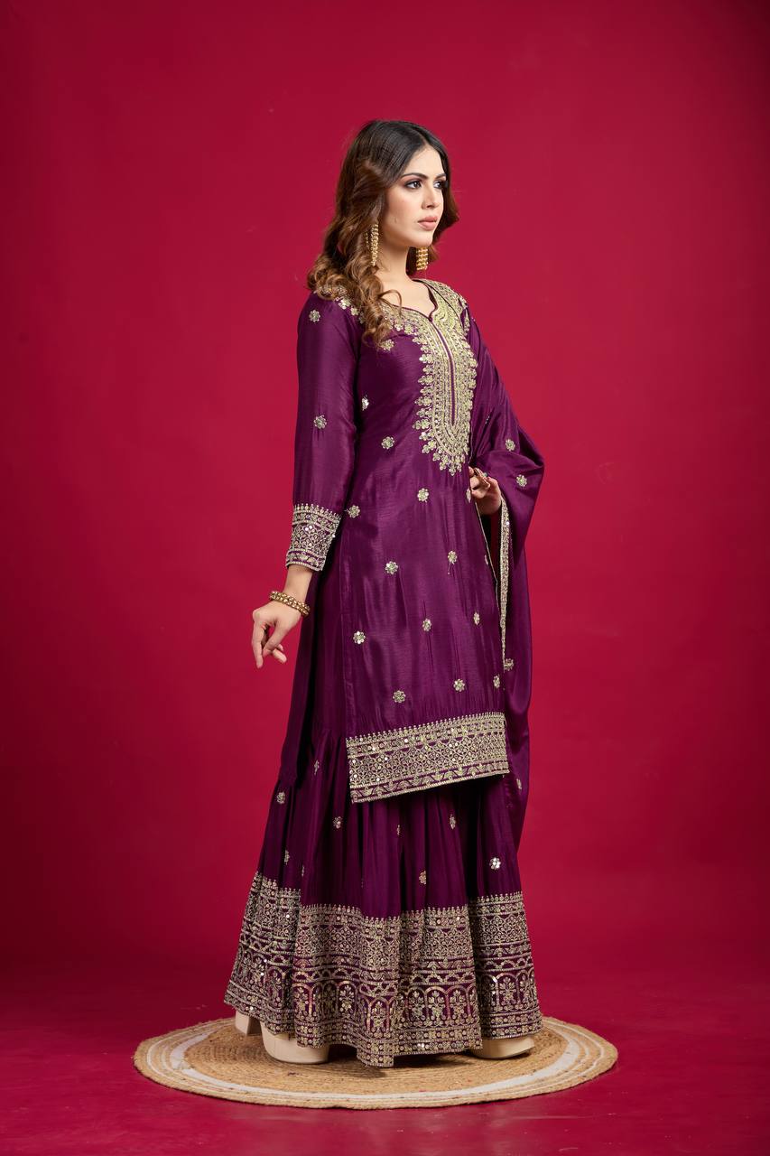 Purple Chinnon Silk With Heavy Embroidery Sequence Work Top-Plazo And Dupatta Set