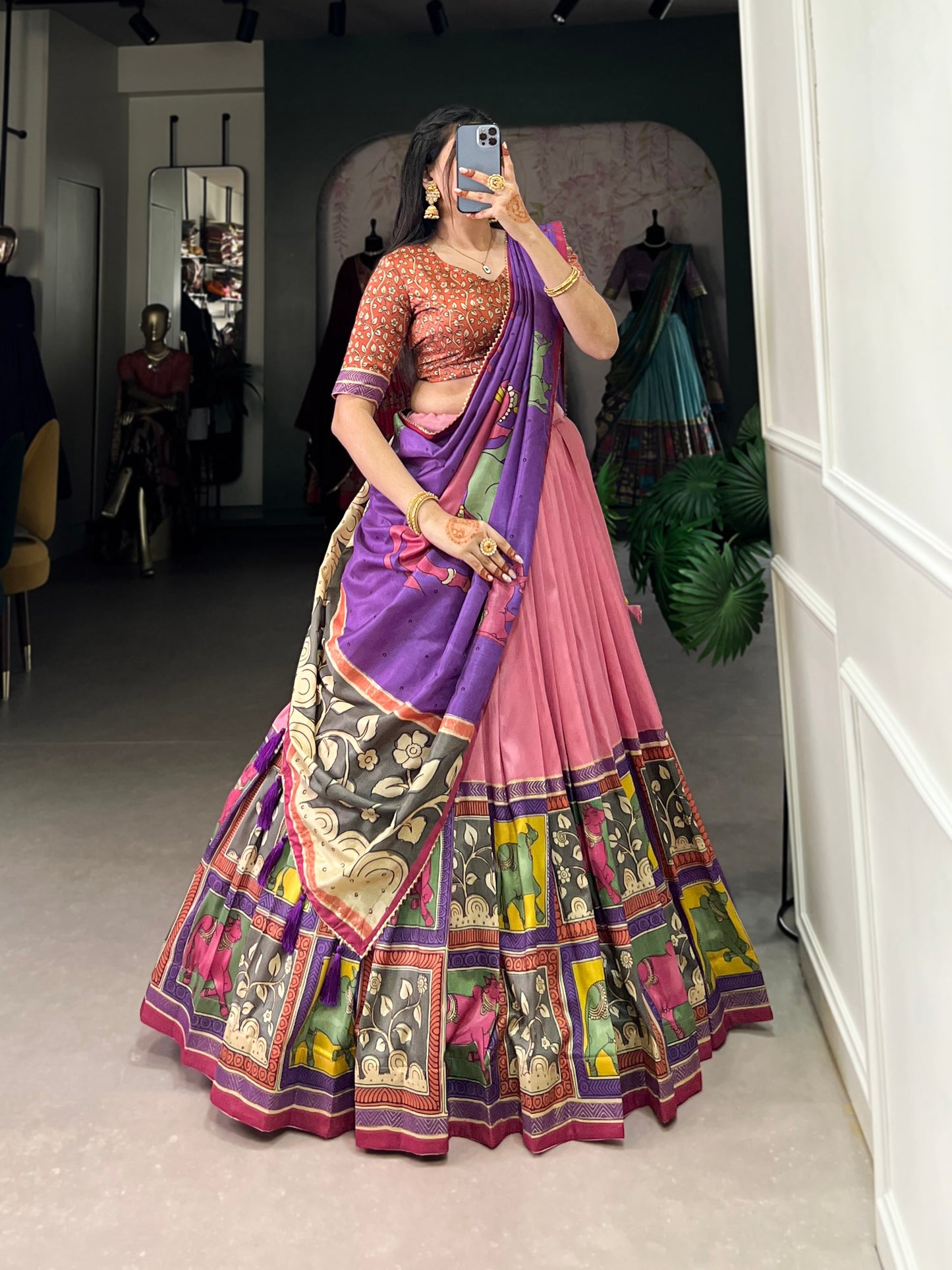 Pink Color Tussar Silk Kalamkari Printed Lehenga Choli