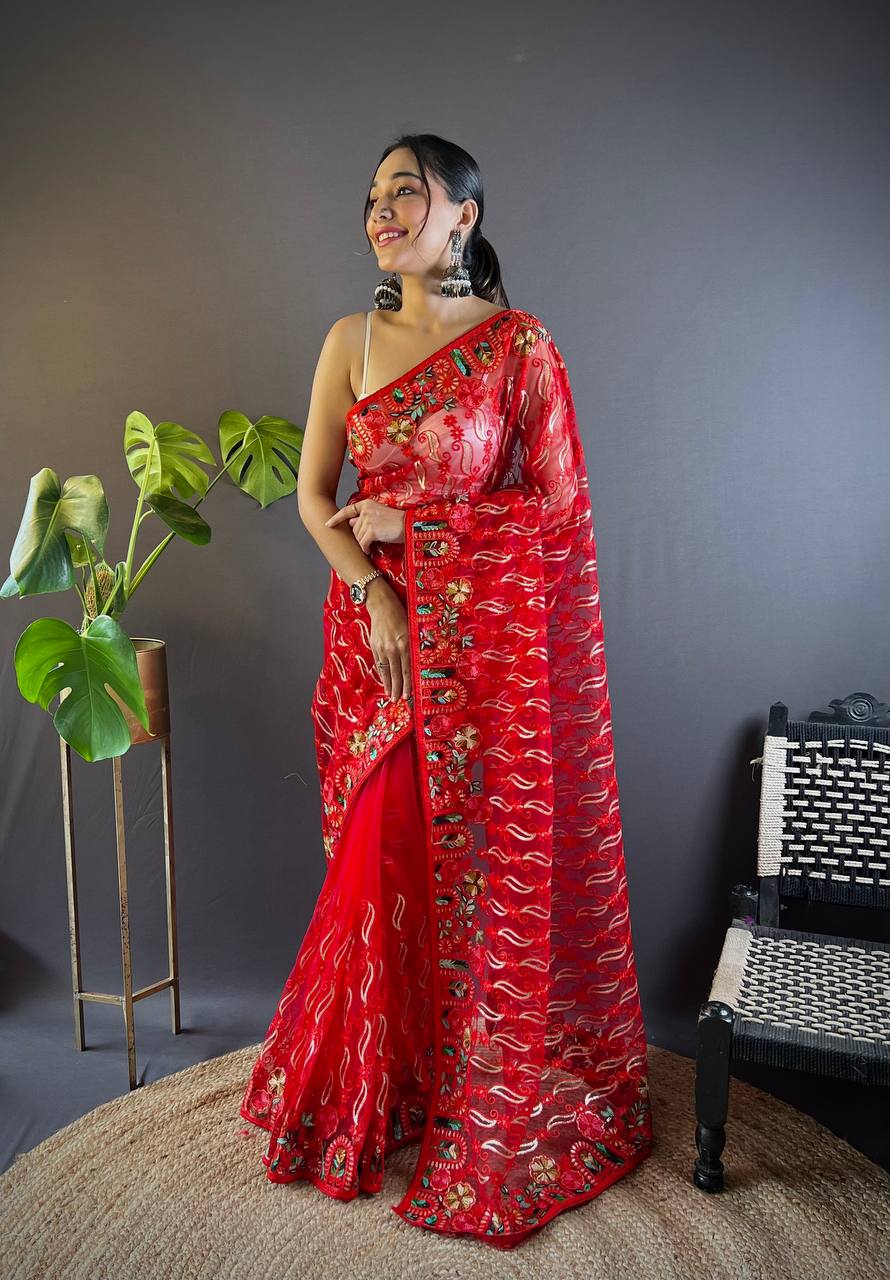 Bollywood Designer Red Saree with Chain Stitch Work