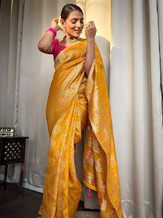 Floral Woven Banarasi Saree with Contrast Border