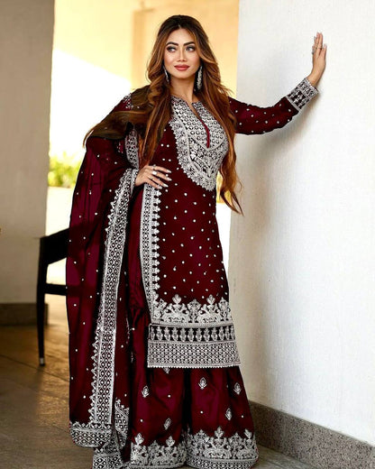 Heavy Faux Georgette Embroidered Maroon Gharara Set with Dupatta – Fully Stitched Ethnic Partywear for Women