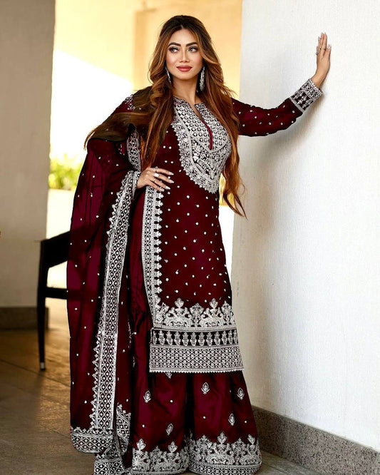 Heavy Faux Georgette Embroidered Maroon Gharara Set with Dupatta – Fully Stitched Ethnic Partywear for Women