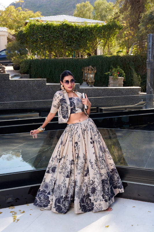 Elegant Tussar Silk Floral Printed Cream Lehenga Set with Blouse and Koti