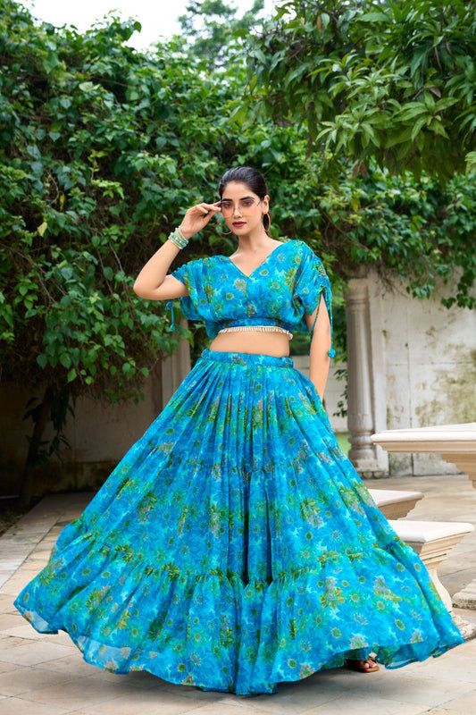 Elegant Floral Print Chiffon Sky Blue Lehenga Set for Women