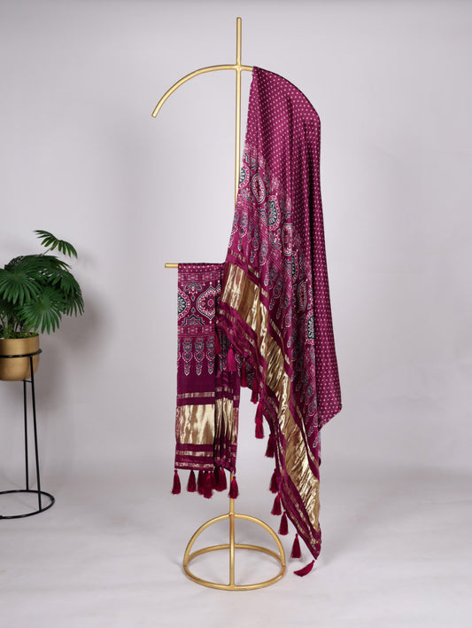 Pure Gaji Silk Digital Print Dark Rani Pink Dupatta with Tassels