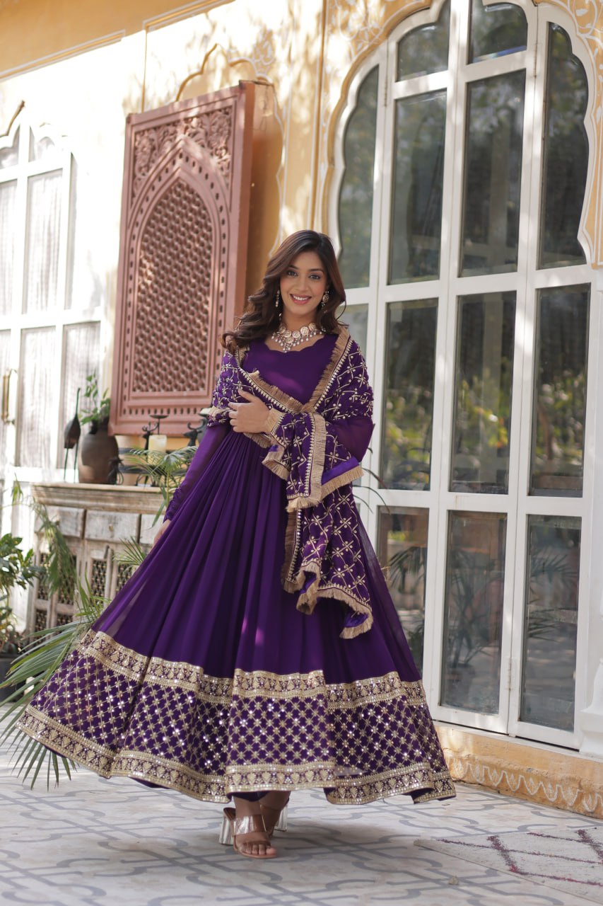 Faux Blooming Purple Gown with Zari Sequins Embroidery and Designer Dupatta