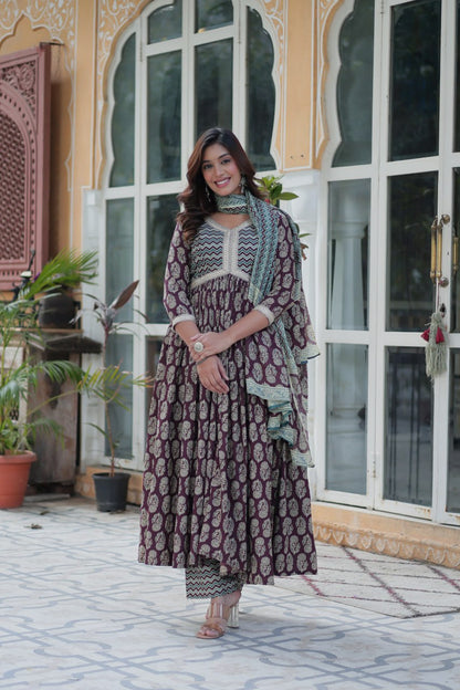 Pure Cotton Dark PInk Kurta Set with Fancy V Neck and Adjustable Waist Bottom