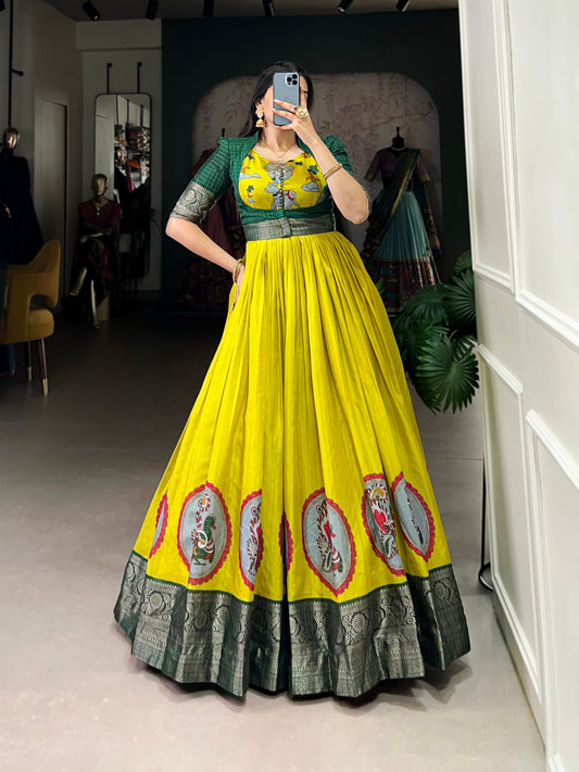 Elegant Dola Silk Kalamkari Print Yellow Gown with Zari Weaving Koti | Ethnic Wear for Women