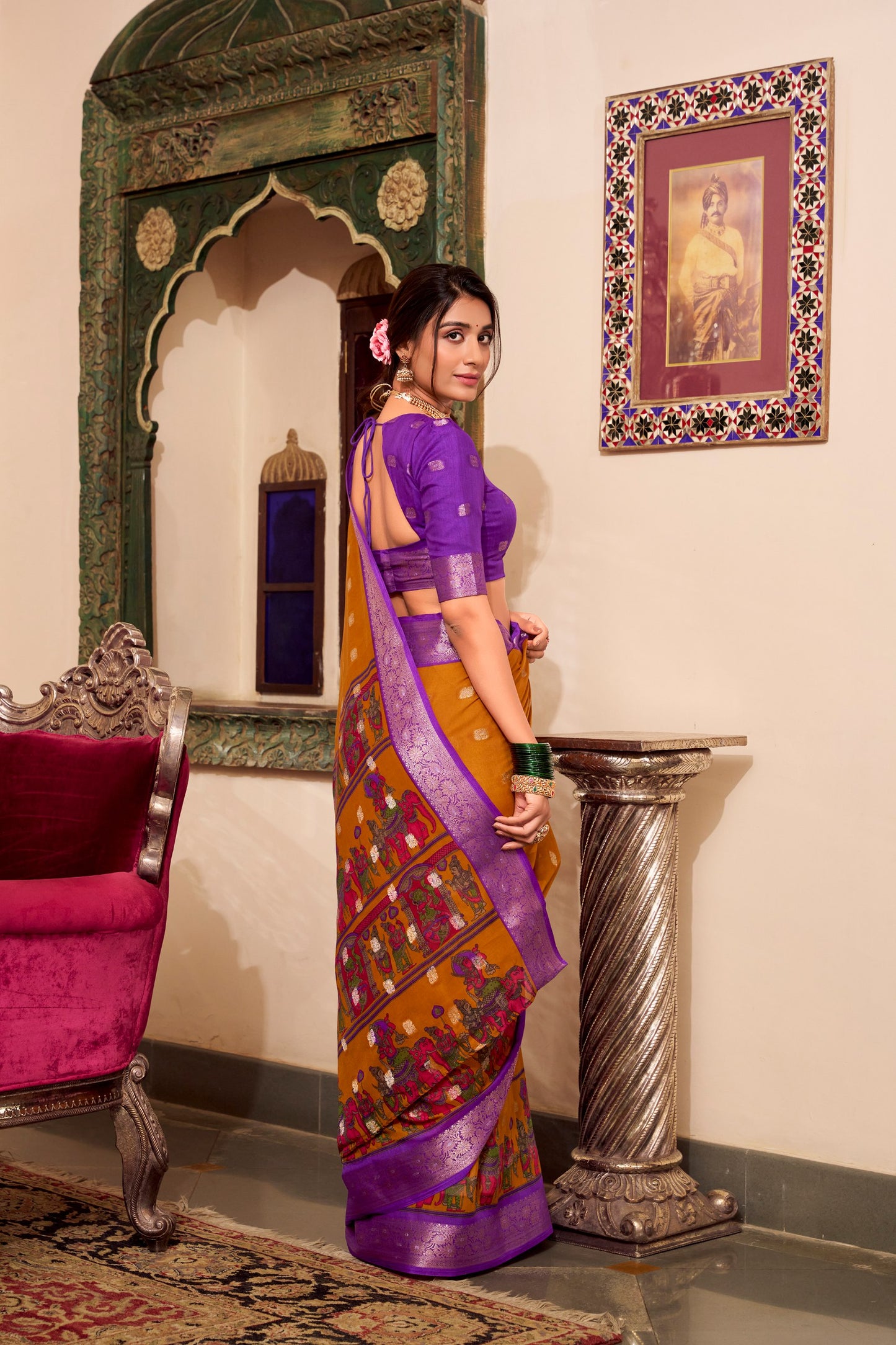Kalamkari Print Poly Cotton Yellow Saree with Zari Weaving Work Border and Blouse