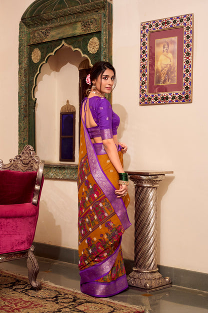 Kalamkari Print Poly Cotton Yellow Saree with Zari Weaving Work Border and Blouse