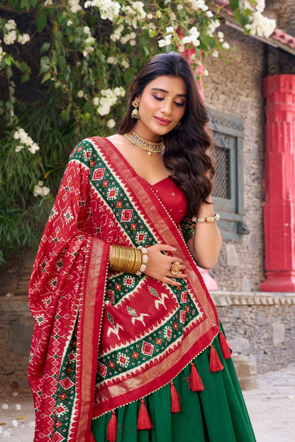 Patola Printed Green Tussar Silk Lehenga Set with Gotta Patti Dupatta