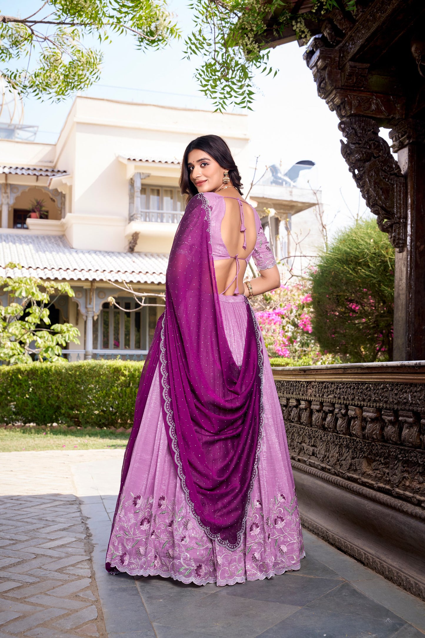 Silver Glosy Embroidered Lavender Lehenga Set with Hotfix Rangoli Silk Dupatta