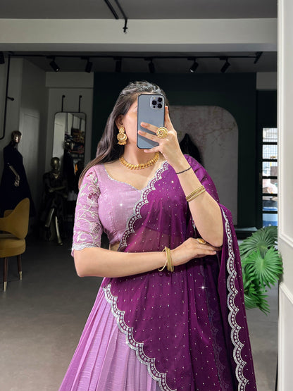 Silver Glosy Embroidered Lavender Lehenga Set with Hotfix Rangoli Silk Dupatta