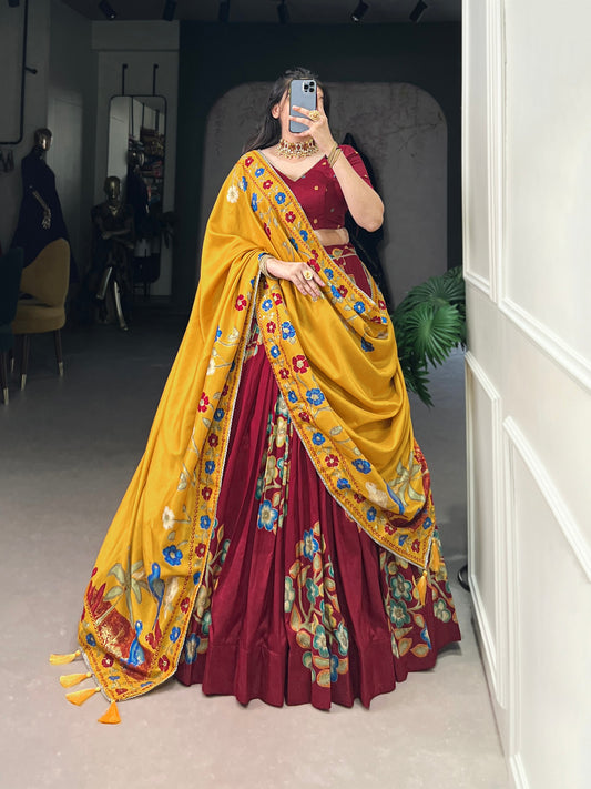 Maroon Tussar Silk Printed Lehenga Set with Foil Work and Gotta Patti Dupatta