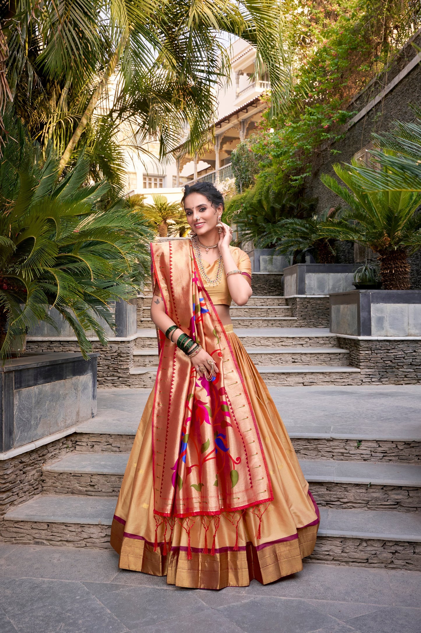 Chikoo Jacquard Silk Paithani Lehenga Set with Zari Weaving and Tassel Dupatta