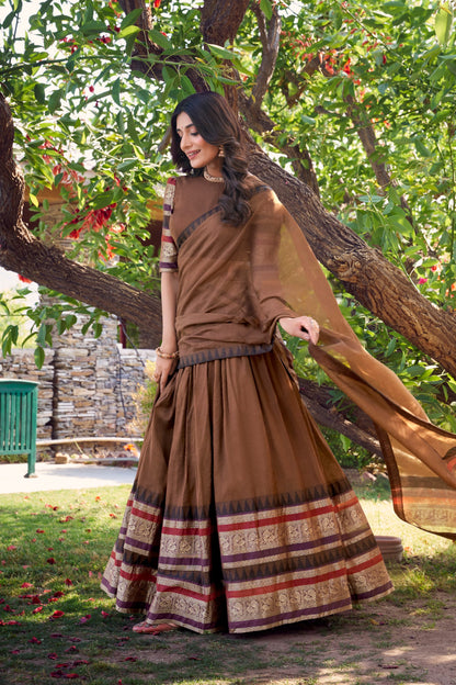 Pure Chanderi Brown Lehenga with Zari Weaving Work Border & Dupatta