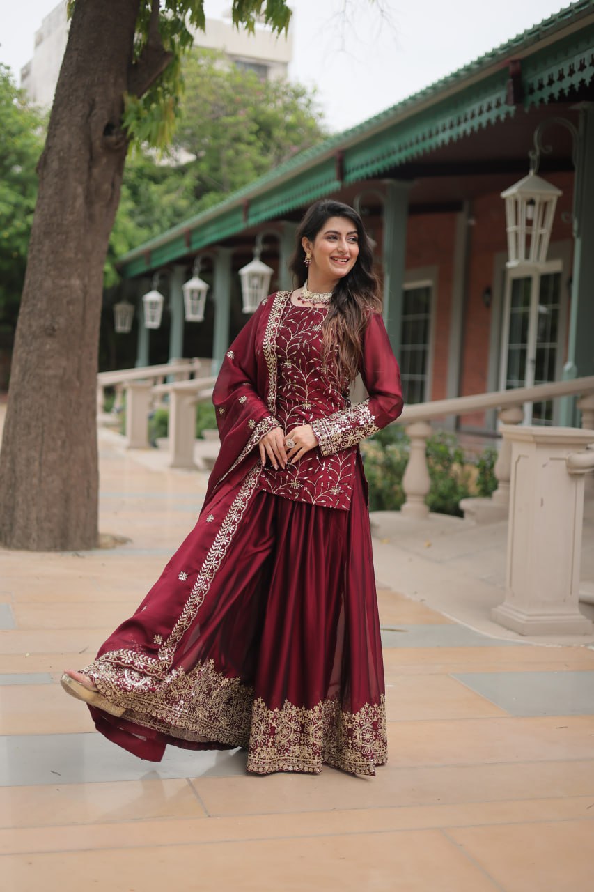 Premium Designer Readymade Maroon Kurti Plazoo Dupatta By Stylish Ethnic