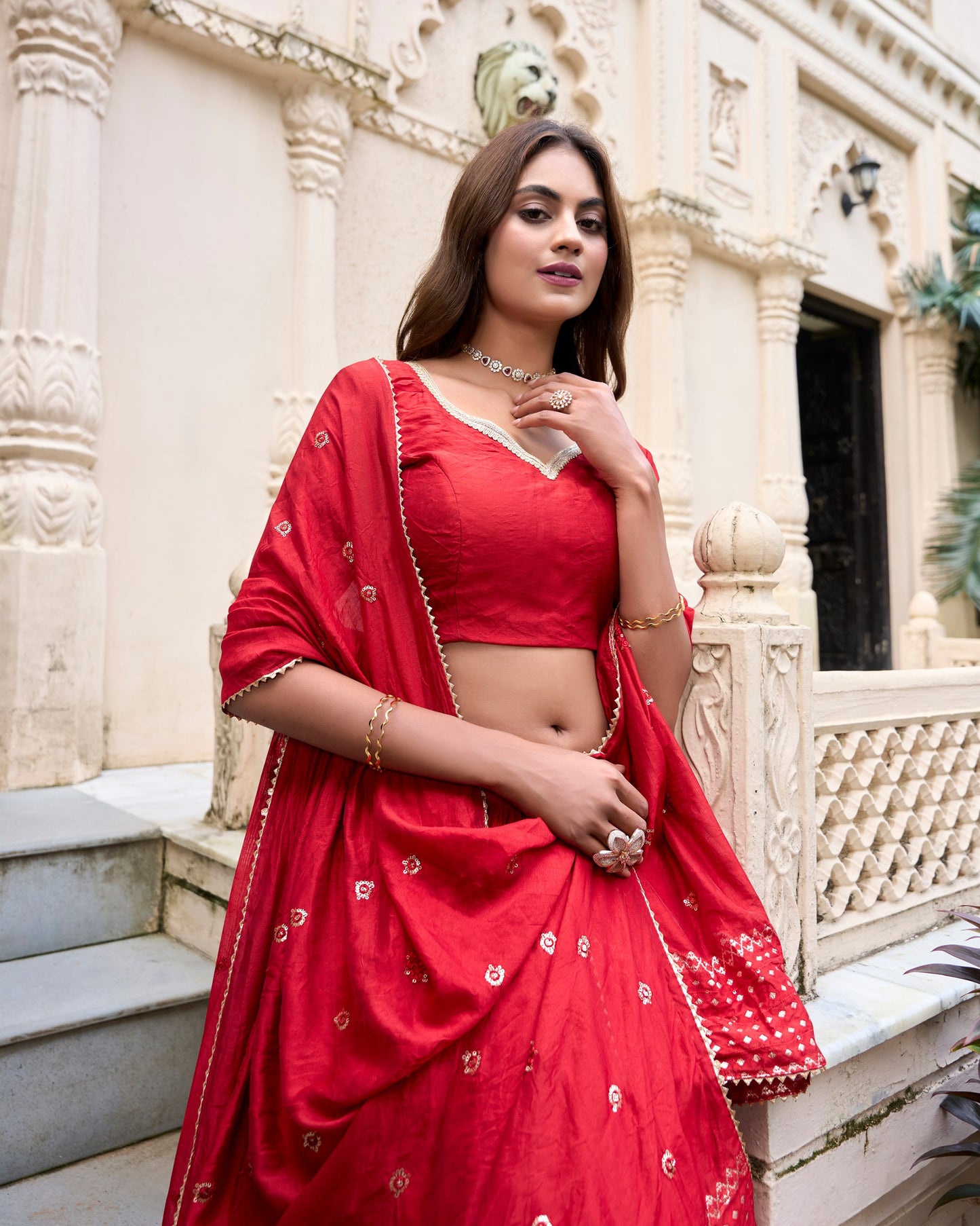 Grace and Beauty Pure Chanderi Sequin Embellished Red Lehenga