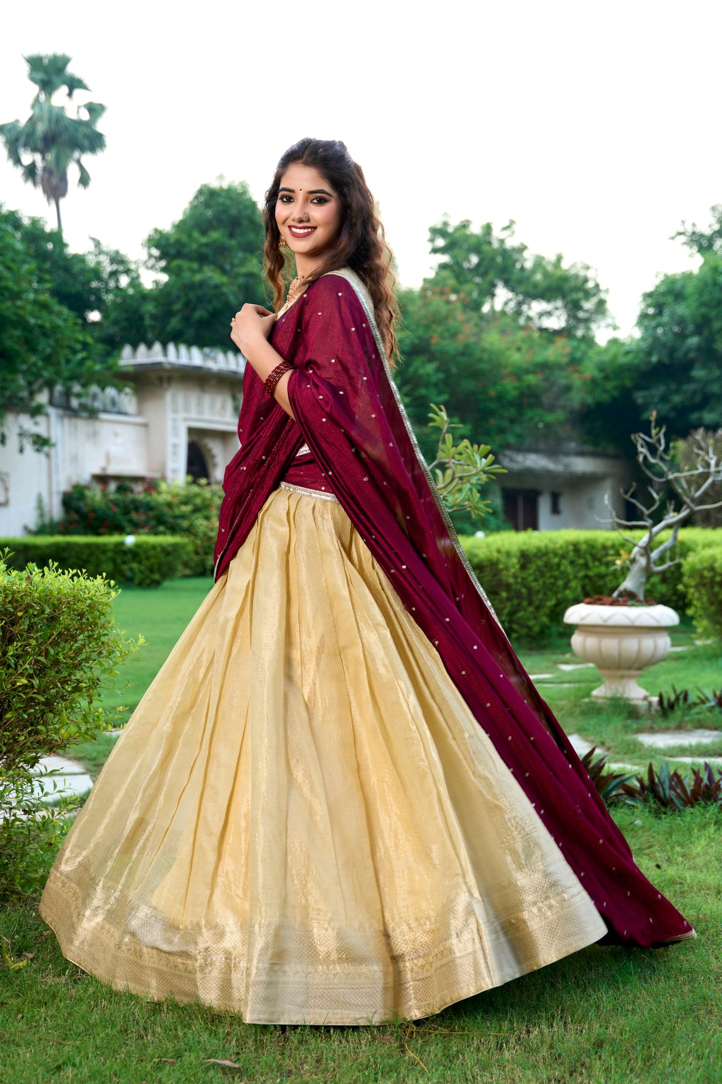 Cream Zari Weaving Work Kanchipuram Lehenga