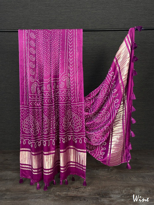 Pure Gaji Silk Bandhni Printed Wine Colour Dupatta with Tassels