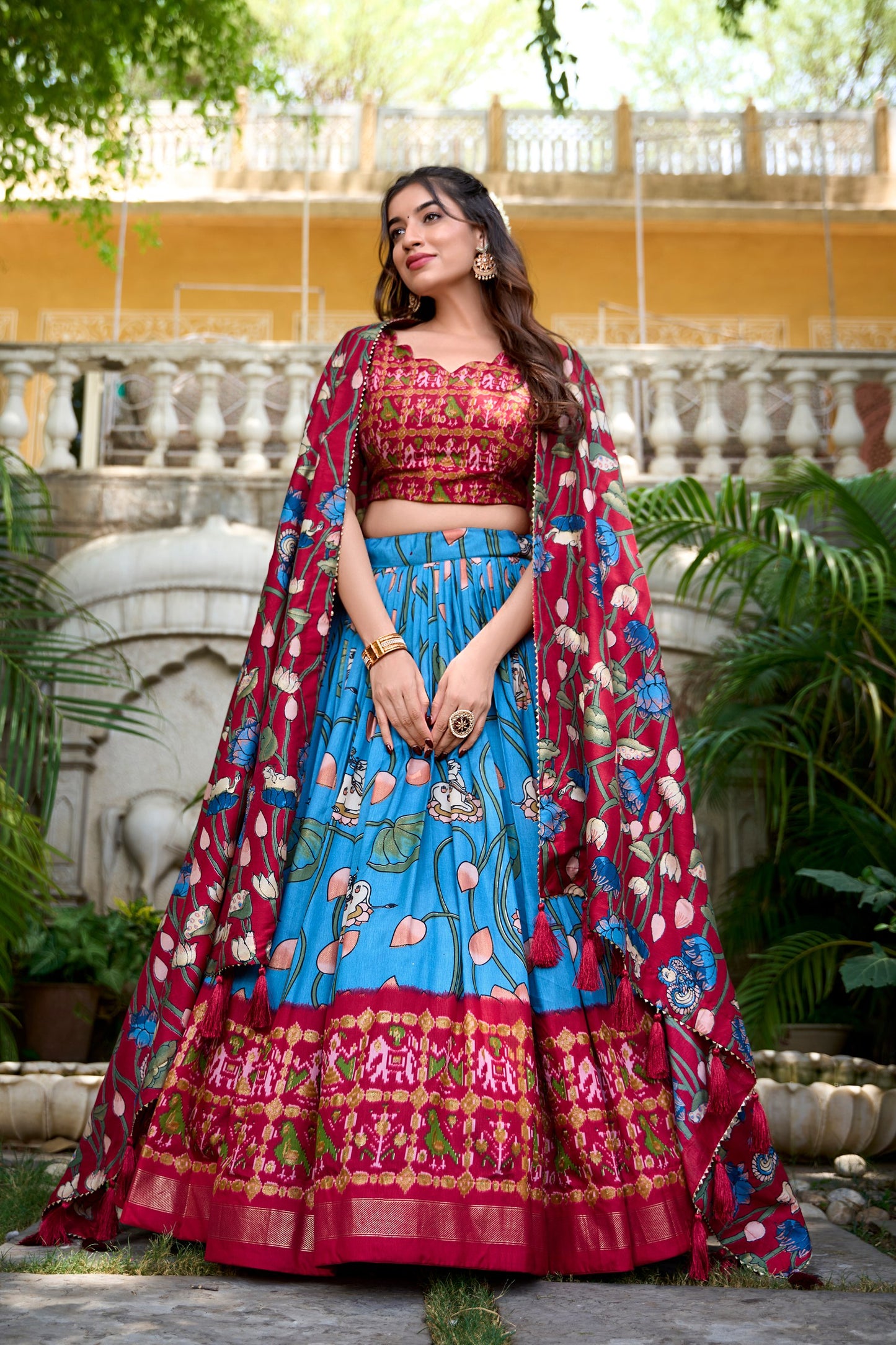 Firozi Blue Tussar Silk Lehenga Choli with Pichwai & Patola Prints