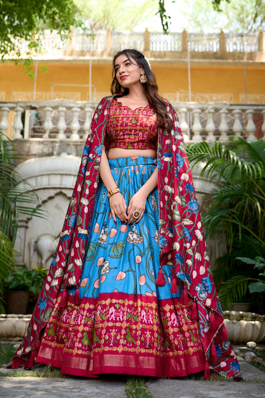 Firozi Blue Tussar Silk Lehenga Choli with Pichwai & Patola Prints