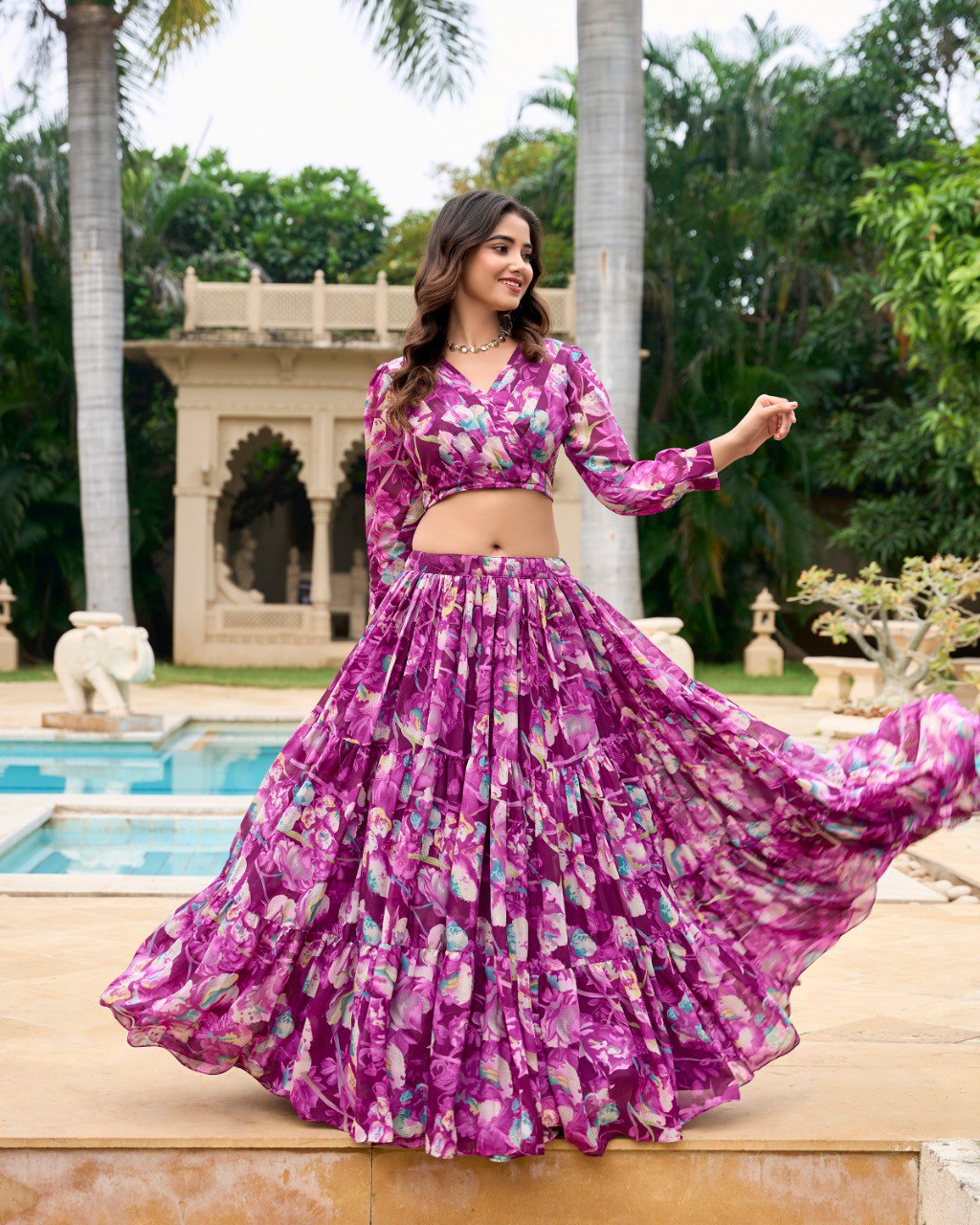 Wine Faux Georgette Floral Printed Readymade Lehenga With Fancy Blouse