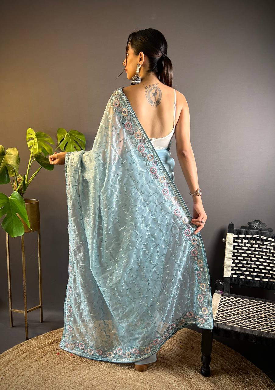 Grey Tissue Silk Embellished Saree With Unstitched Blouse