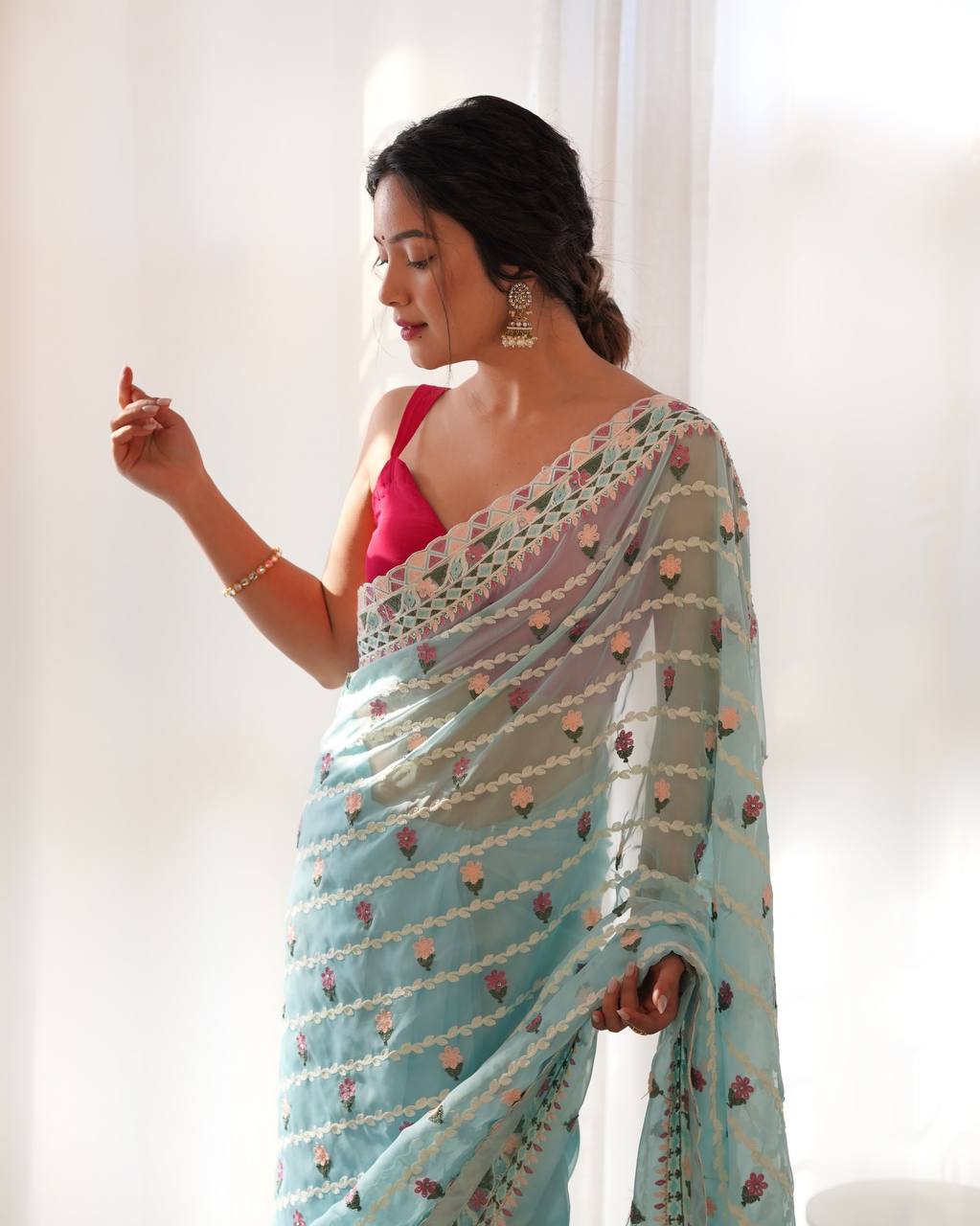 Sky Blue Emroidery Worked Organza Silk Saree