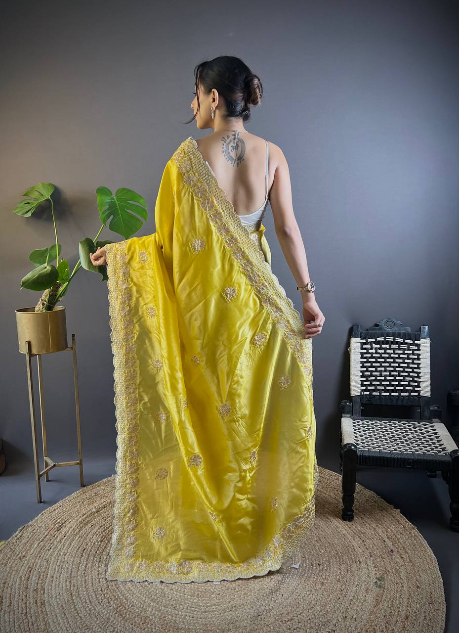 Yellow Embroidered Work Soft Silk Saree