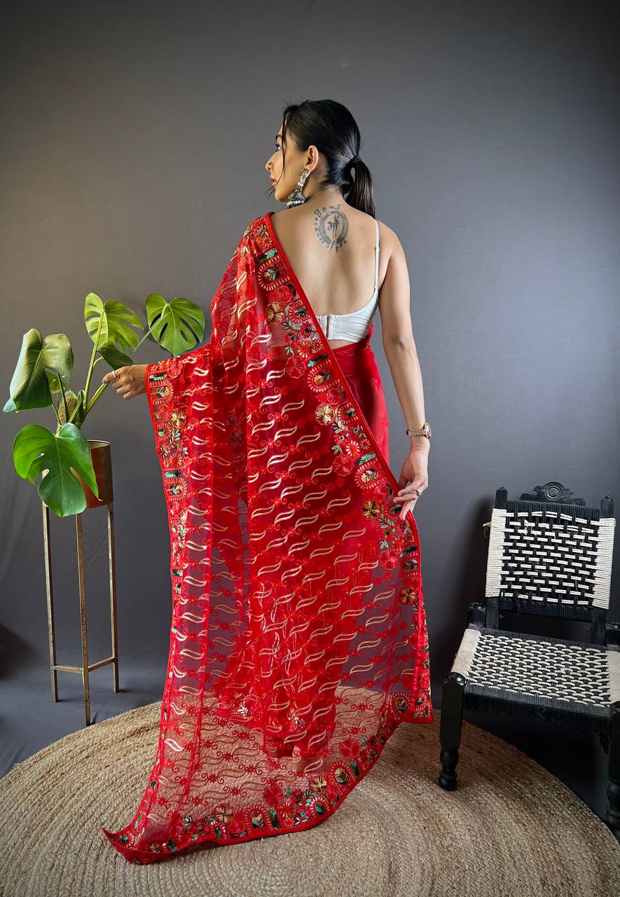 Bollywood Designer Red Saree with Chain Stitch Work