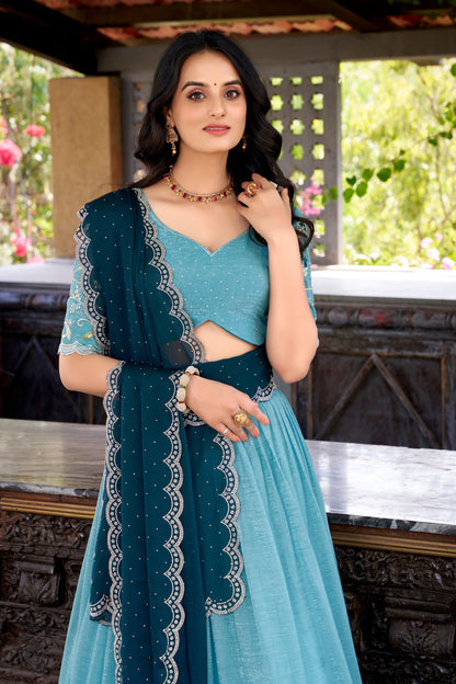 Silver Glosy Embroidered Sky Blue Lehenga Set with Hotfix Rangoli Silk Dupatta
